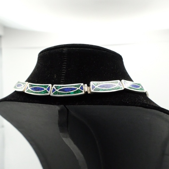 Vintage .925 Sterling Silver Choker Inlay necklace Lazuli Lapis & Malachite 90s - Picture 4 of 16